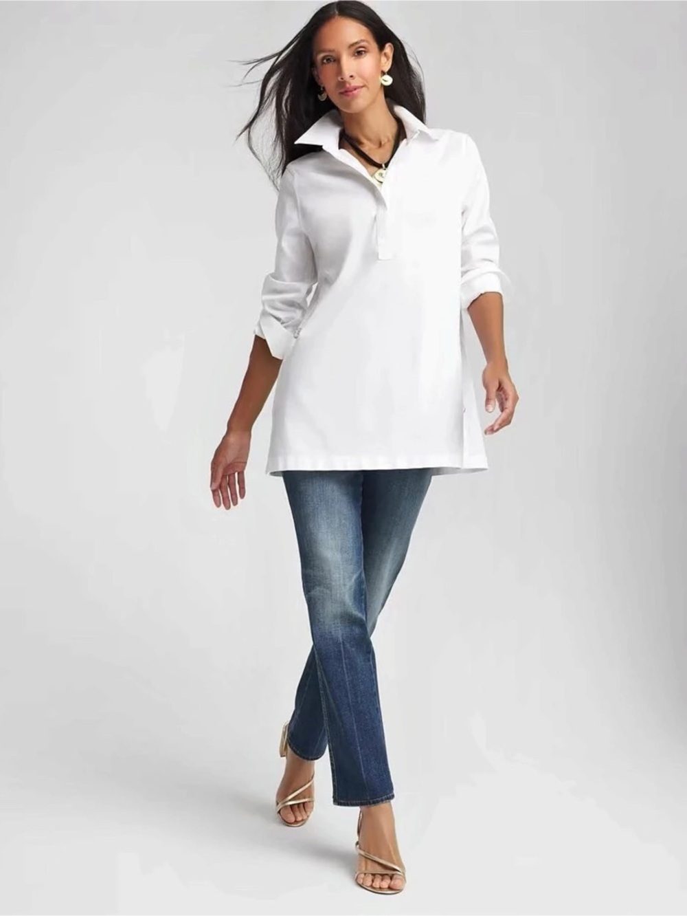Chico’s No Iron Popover Tunic White Long Sleeve Top
